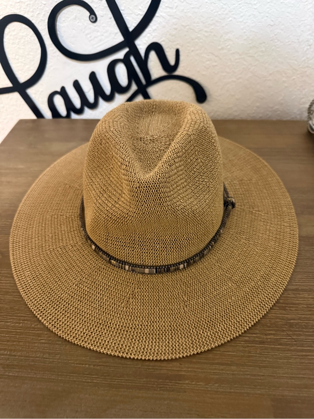 C.C Natural Brown Straw Fedora Hat with Beaded Band - Picture 3 of 4